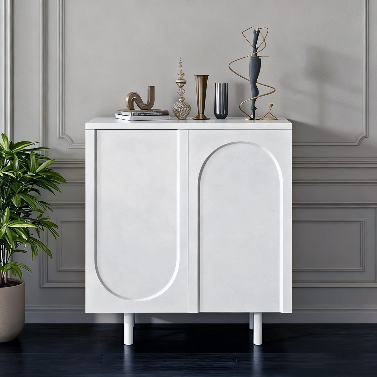 Modern White Cabinet with Asymmetrical Arched Doors