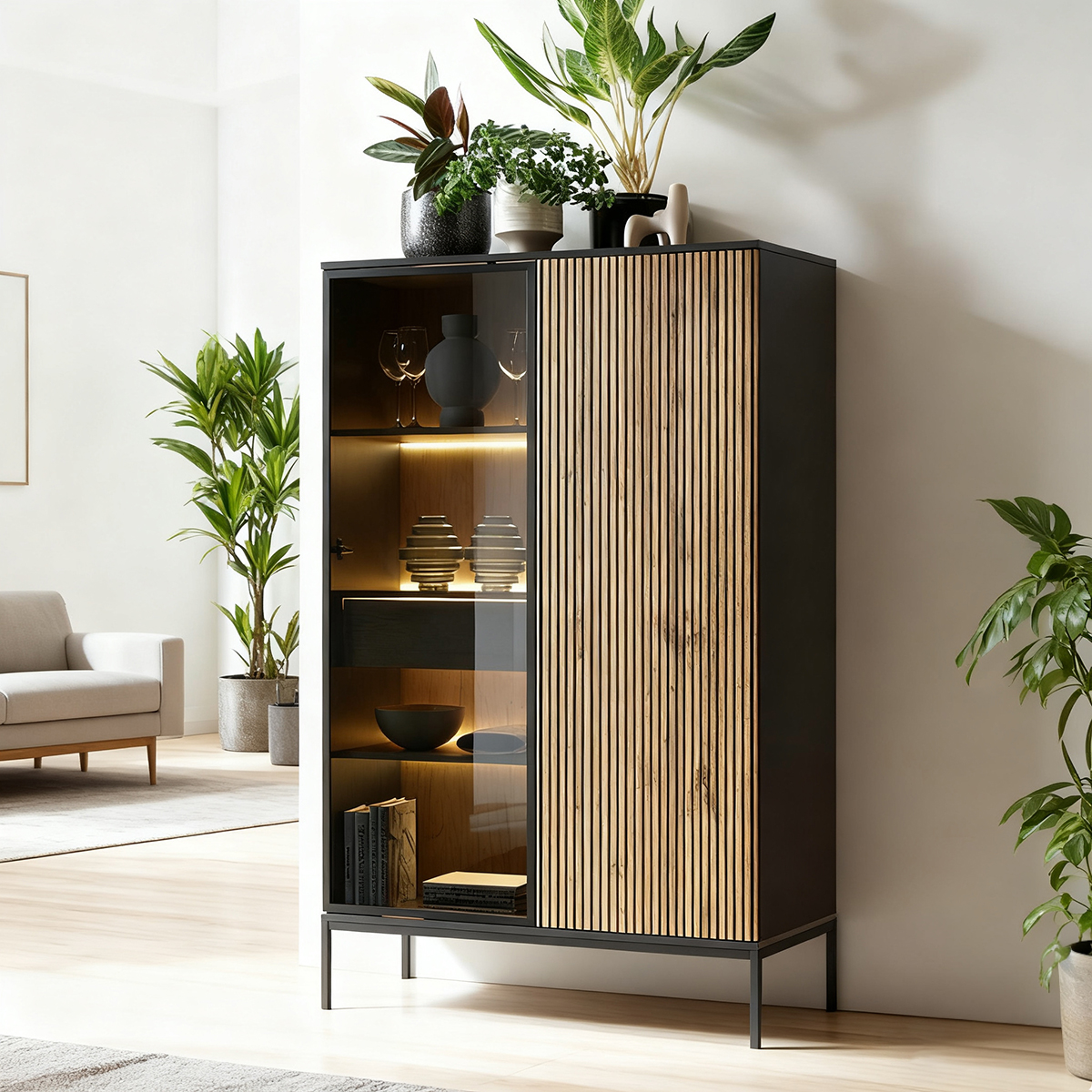 Modern Display Cabinet with Glass Door LED Lighting and Wood Accents