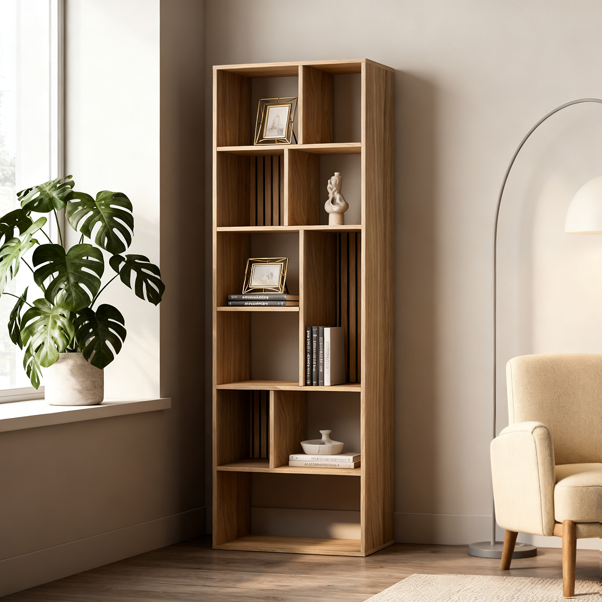 Wood Irregular Grid Bookshelf with Mixed Compartment Design
