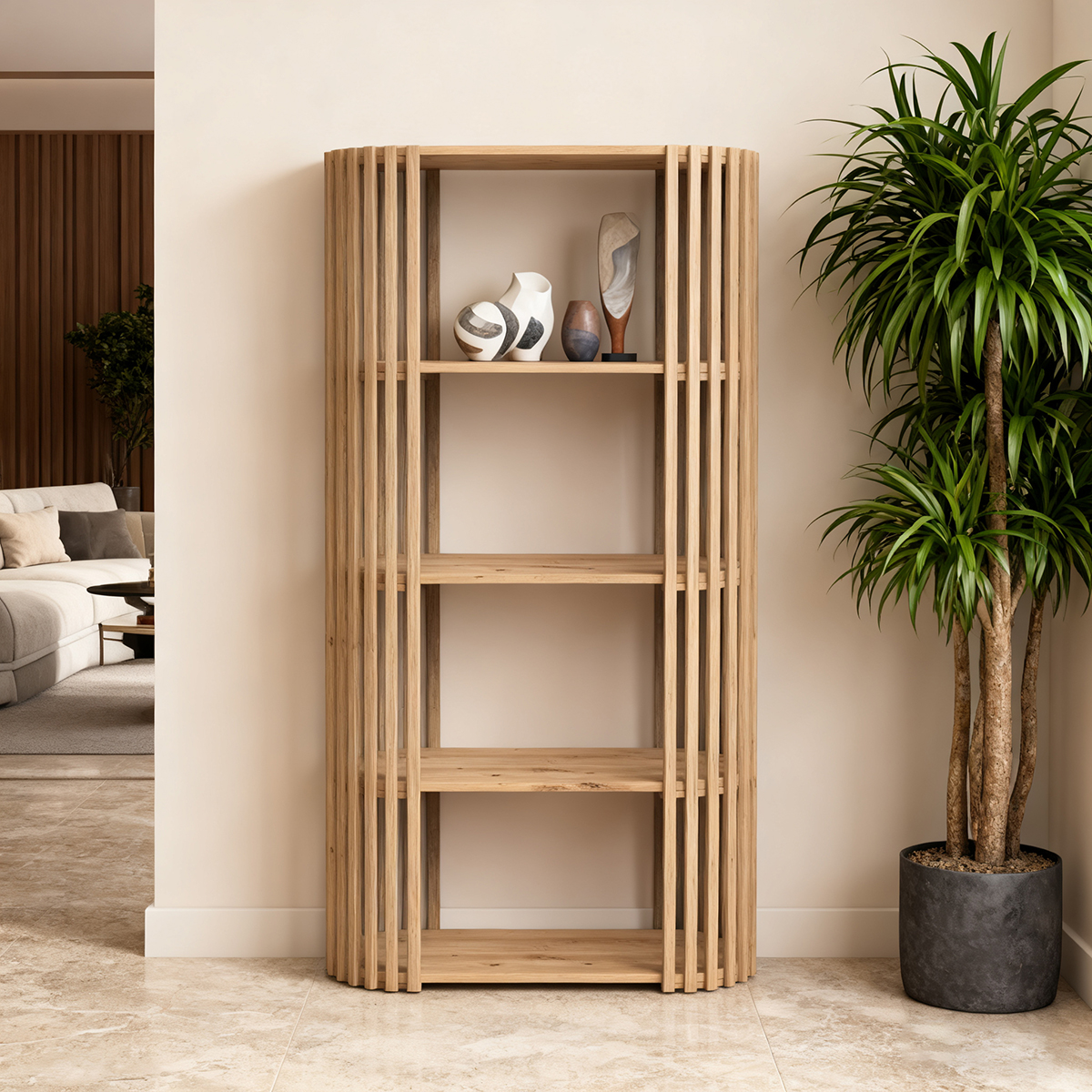Natural Wood Open Shelf with Slatted Side Design