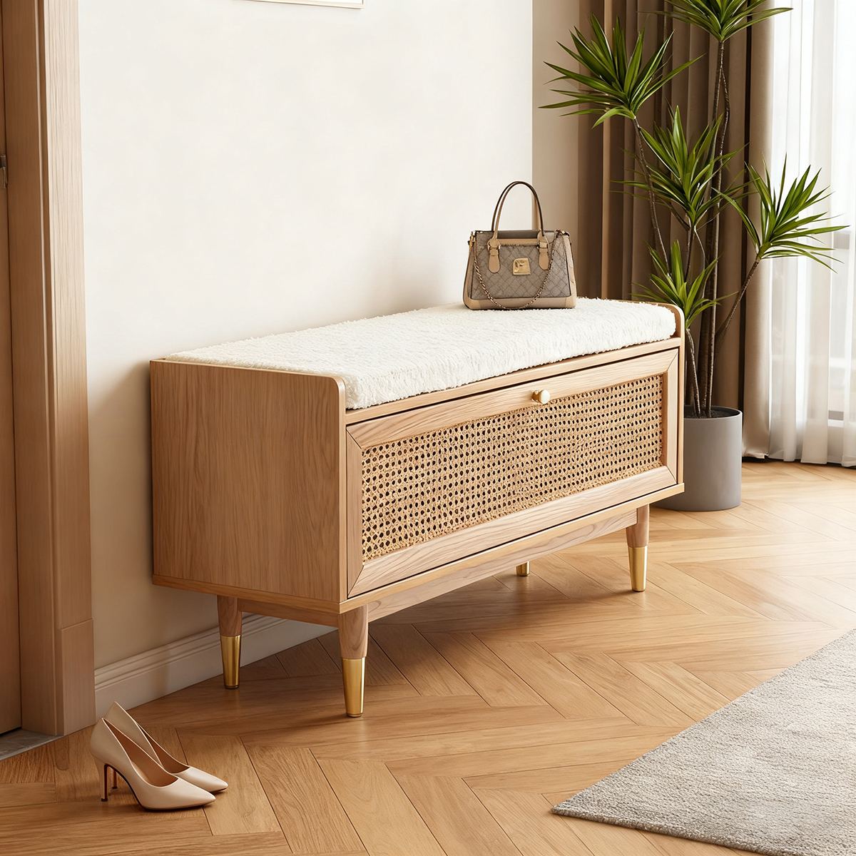 Wood Storage Bench with Rattan Front Fleece Cushion and Gold Accented Legs