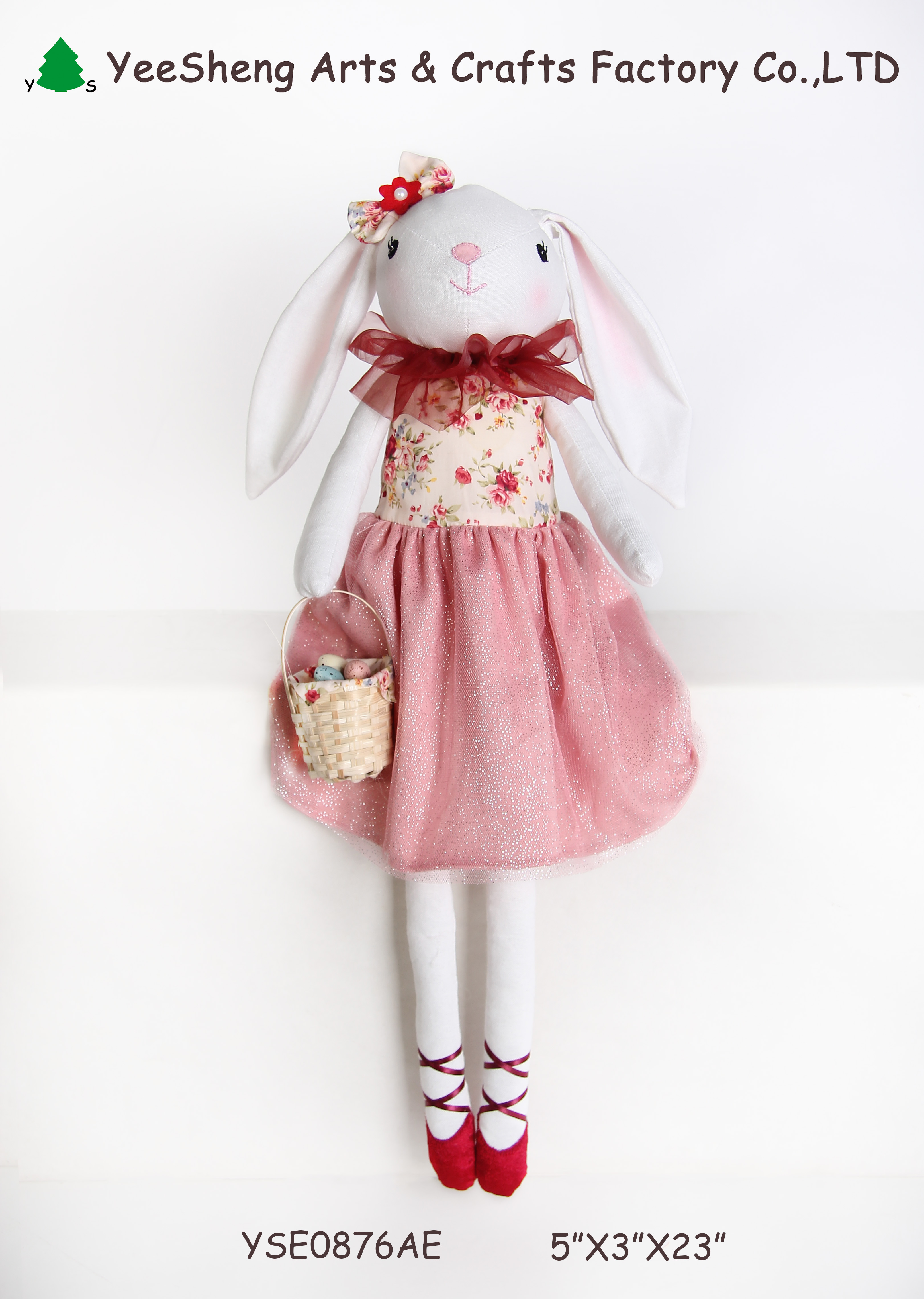 23inch sitting bunny in pink dress with bamboo basket