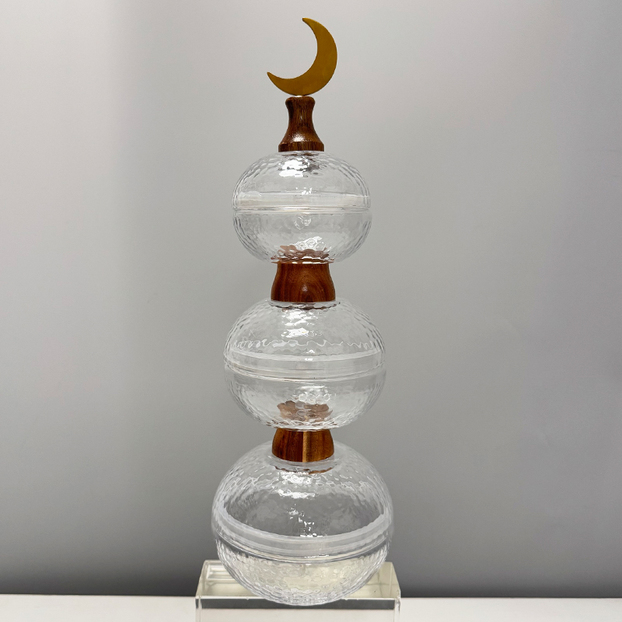 Storage jar with acacia wood handle and stainless steel moon ornament