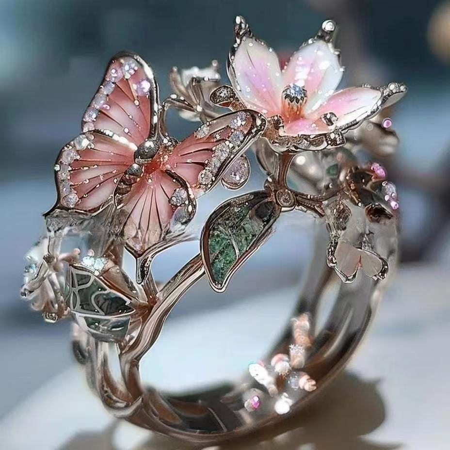 Women's Fashion Color Drip Oil Butterfly Flower Open Ring Decorative Ring