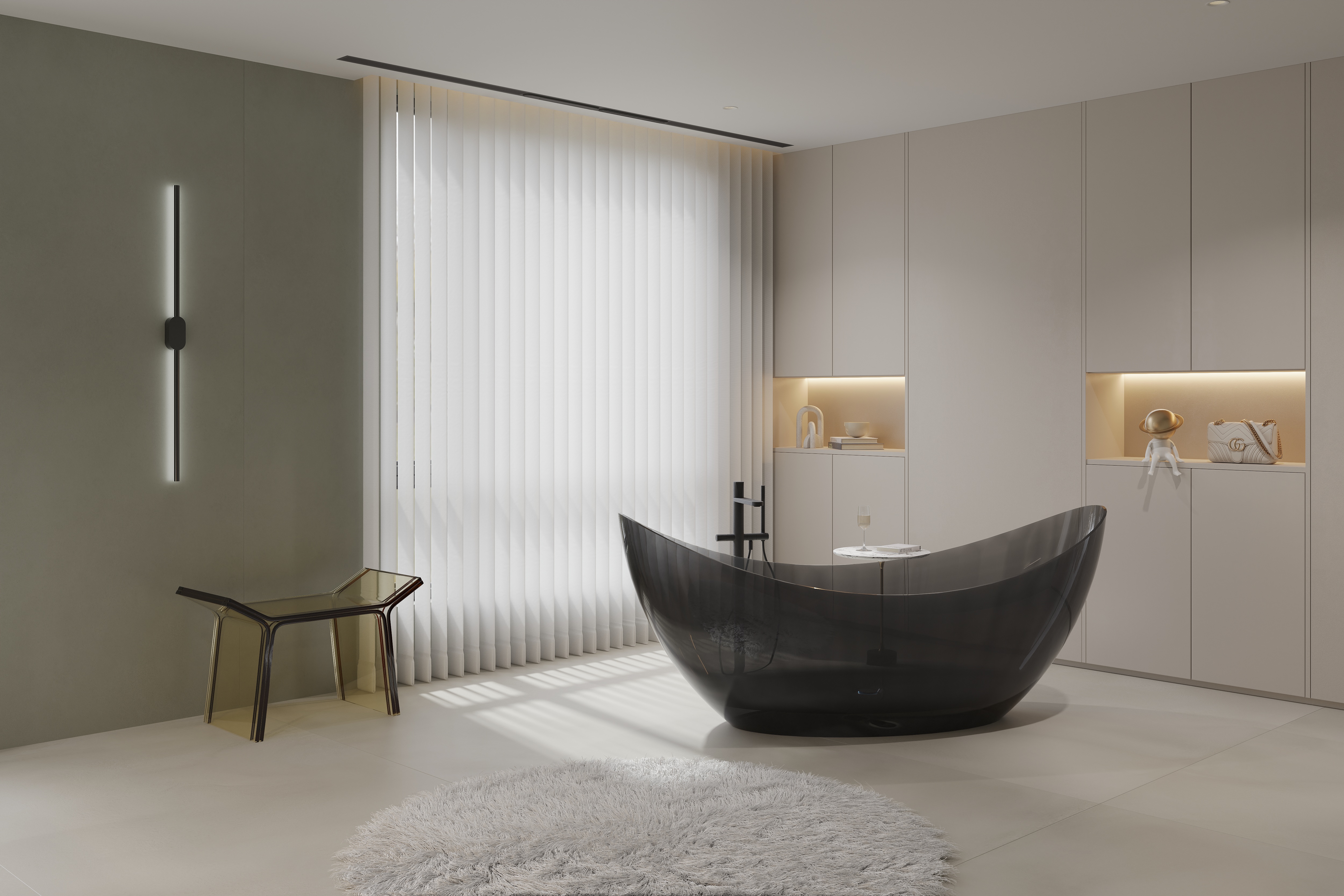 Acrylic crescent-shaped transparent bathtub