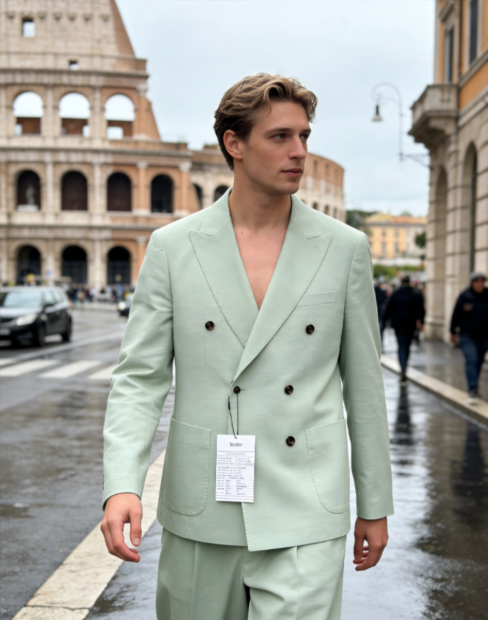 【Customizable Men's Double-Breasted Suit Set】Mint Green Tailored Suit