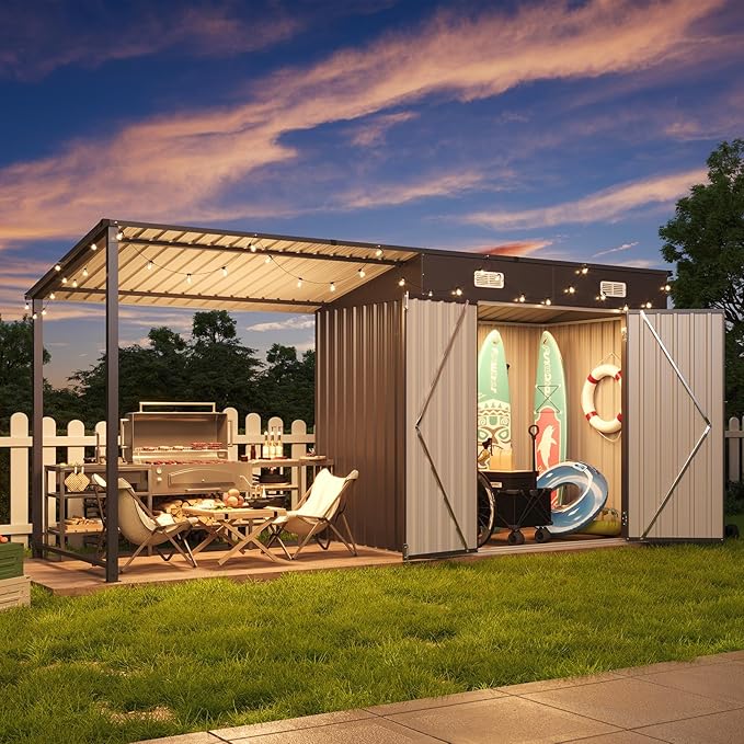 4X12Outdoor Storage Shed Hardtop Gazebo Combo,Metal Tilt Shed with Open Pergola,Durable Garden Tool