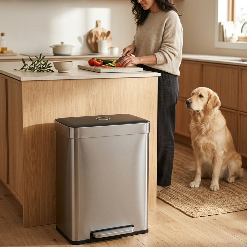 Rectangular dual compartments 60 liter large stainless steel foot pedal recycle bin with lid SW6922