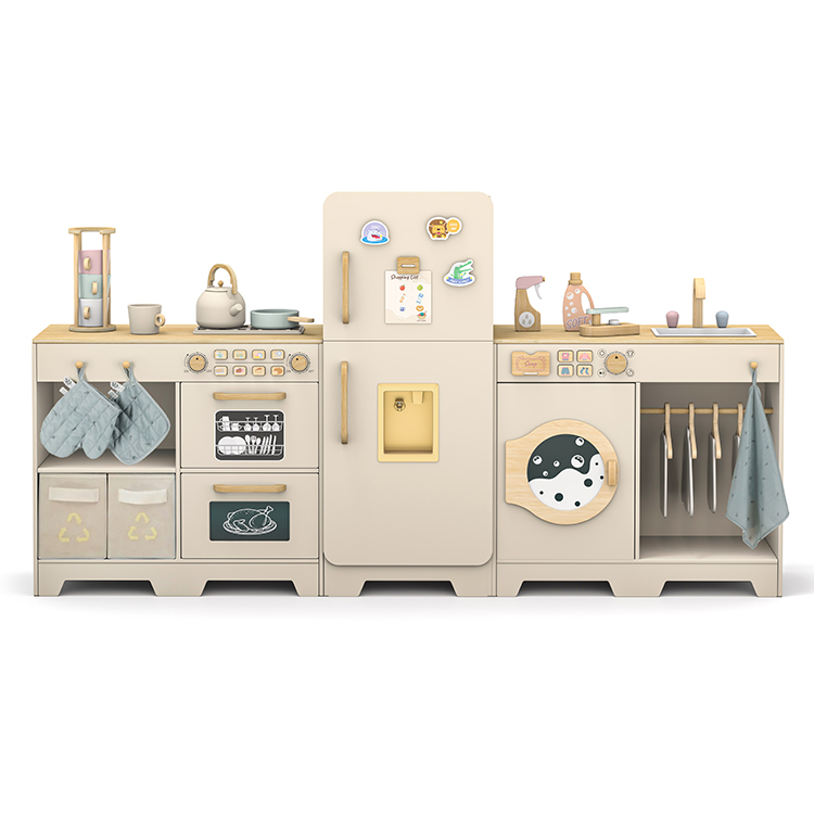 Children's Wooden All-in-One Pretend Play Kitchen & Laundry Combination Toy Set