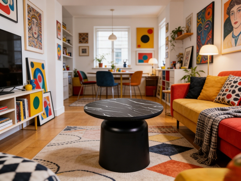 Luxury Black Marble Pattern Round Coffee Table, Cylindrical Metal Base Living Room Side Table