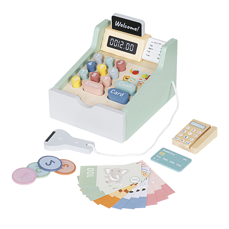 Children's Wooden Pretend Play Cash Register Toy Set, Toddler Educational Checkout Counter
