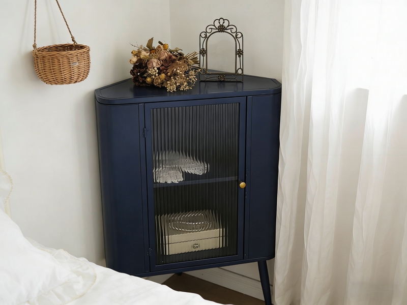 Navy Blue Metal Storage Cabinet with Fluted Glass Door, Nordic Style Living Room Corner Cabinet