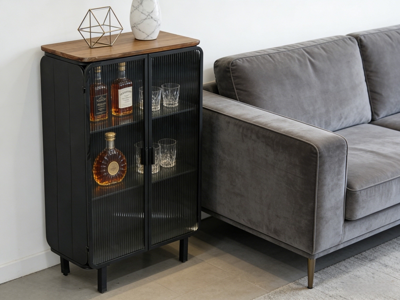 Black Metal Double Door Storage Cabinet with Fluted Glass , Nordic Style Living Room Sideboard