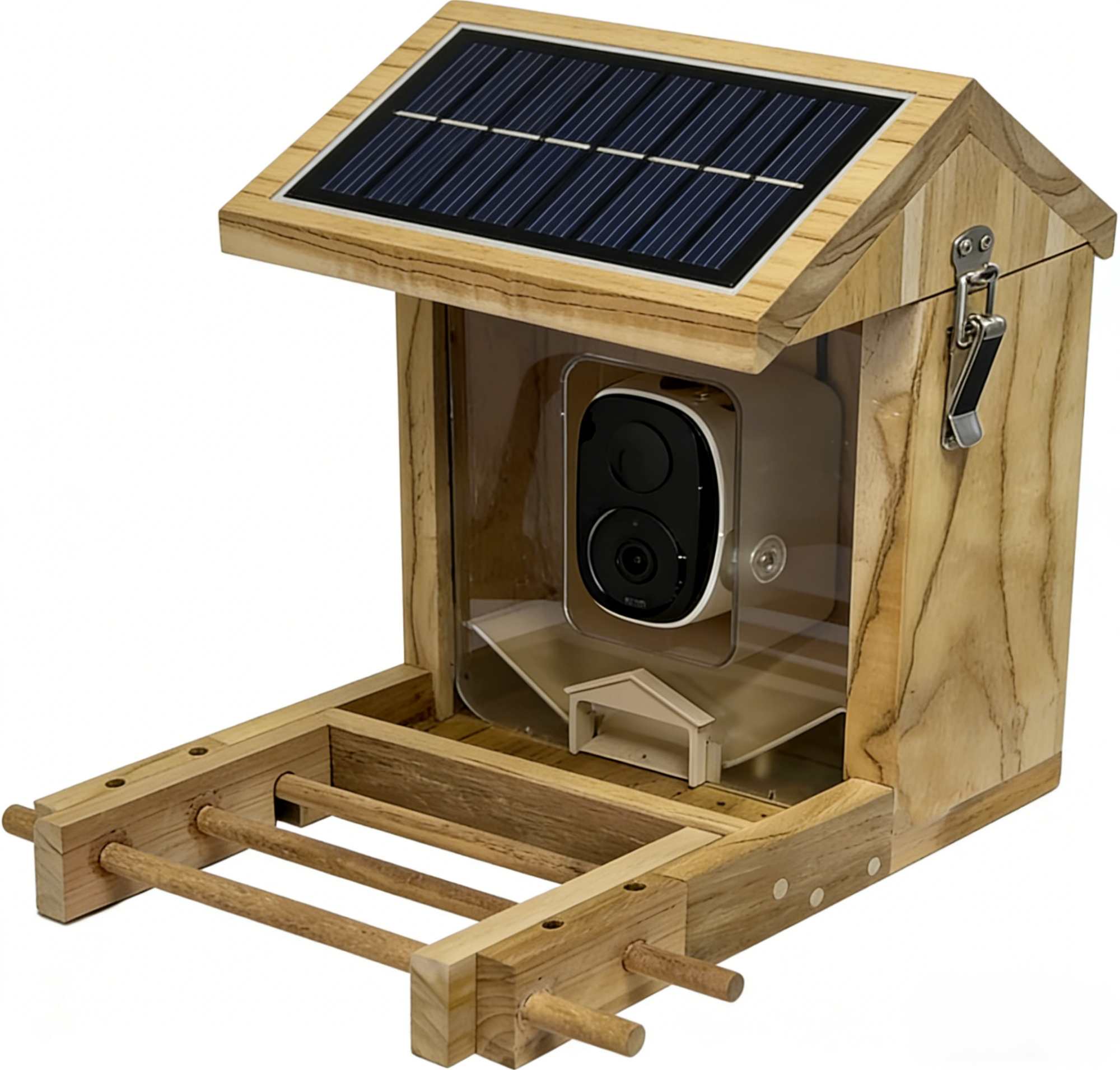 Teak wood smart bird feeder with camera