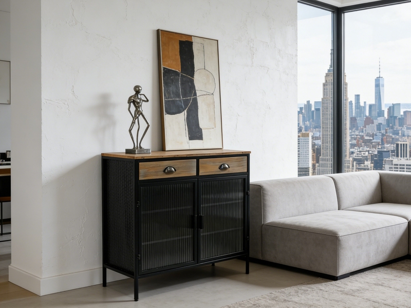 Industrial Style Fluted Glass 2-Door 2-Drawer Storage Cabinet Iron Sideboard Cabinet