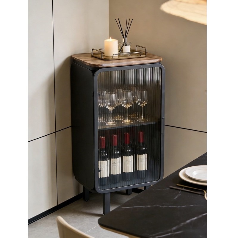 Modern Minimalist Fluted Glass Single Door Side Cabinet with Wooden Top
