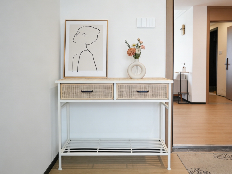 Nordic Style Rattan Console Table, Minimalist Storage Cabinet for Living Room