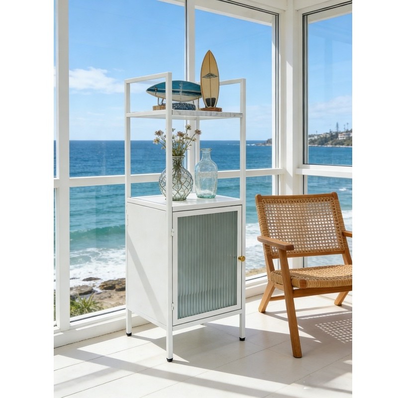 White Iron Fluted Glass Single Door Tall Cabinet Open Shelf Storage Cabinet with Top Rack