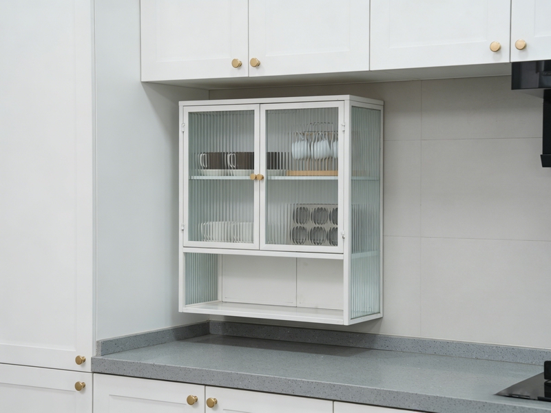 White Iron Fluted Glass Double Door Wall Mounted Storage Cabinet