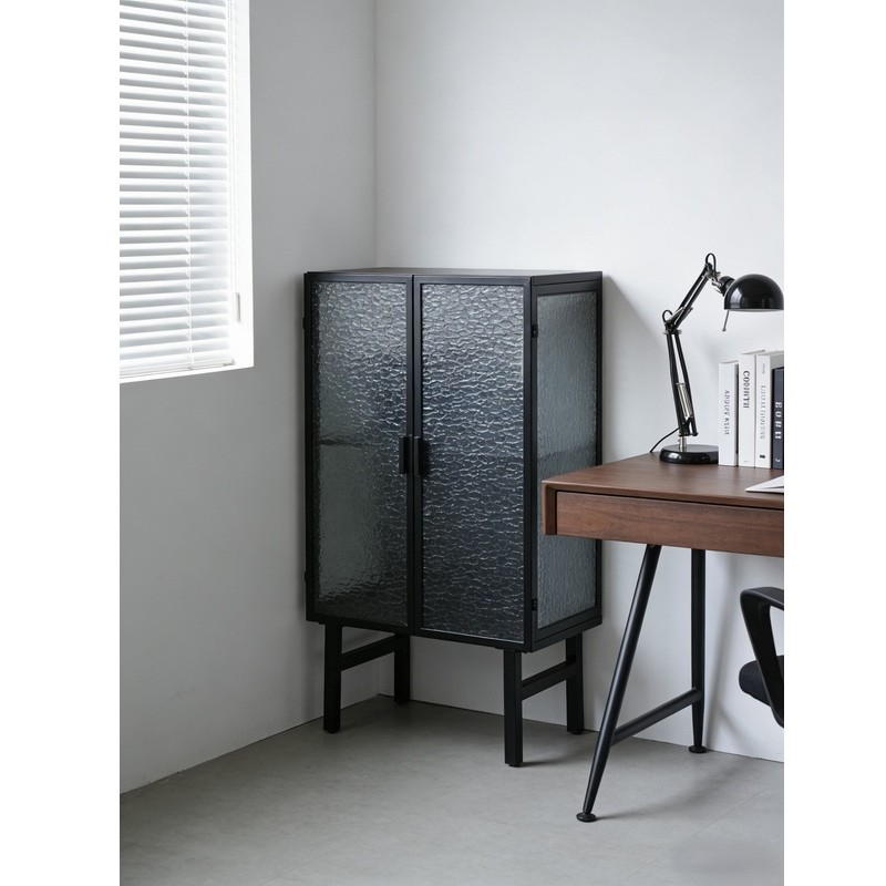 Black Iron 2-Door Water Ripple Glass Tall Cabinet