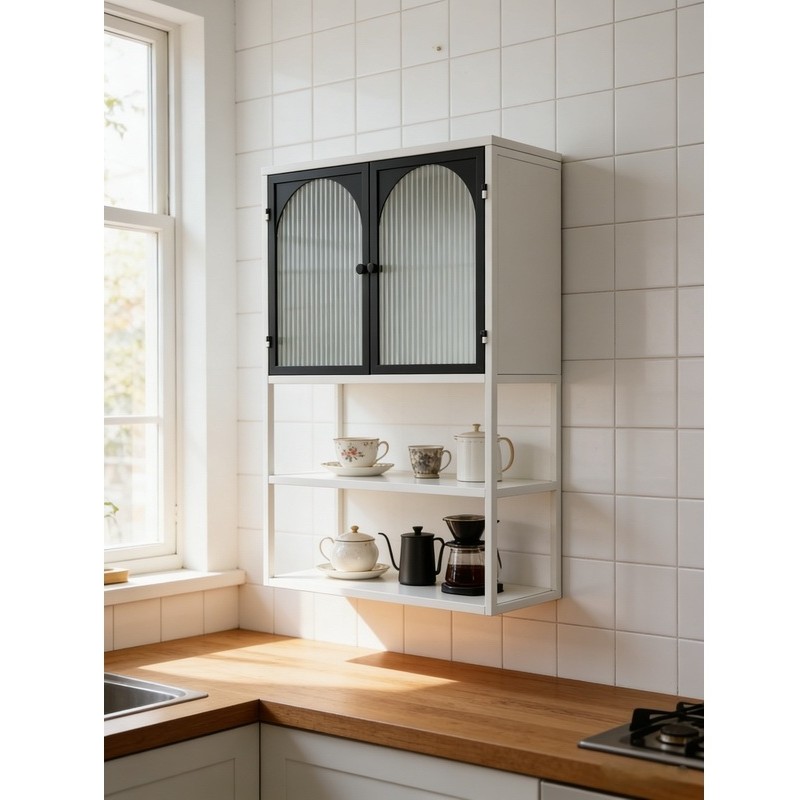 White Iron Arch Fluted Glass Double Door Wall Mounted Cabinet