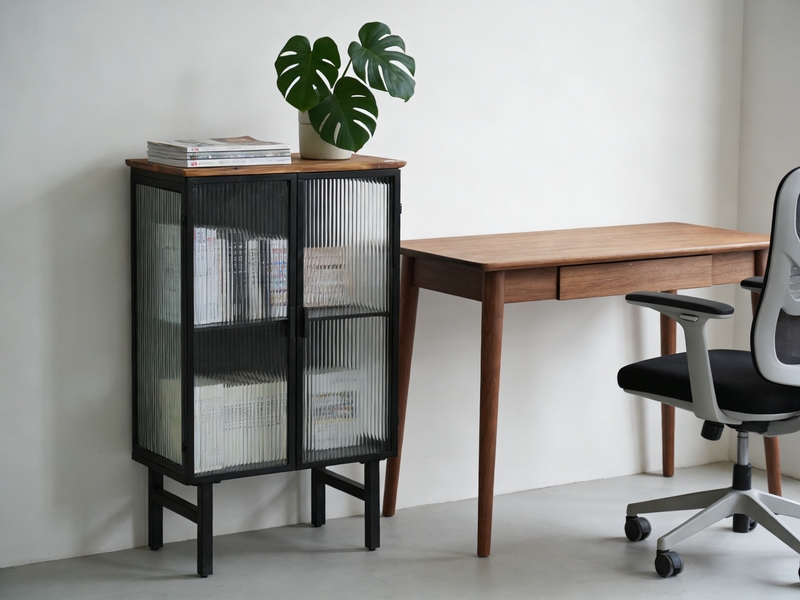 Black Iron Fluted Glass 2-Door Tall Cabinet with Wood Top