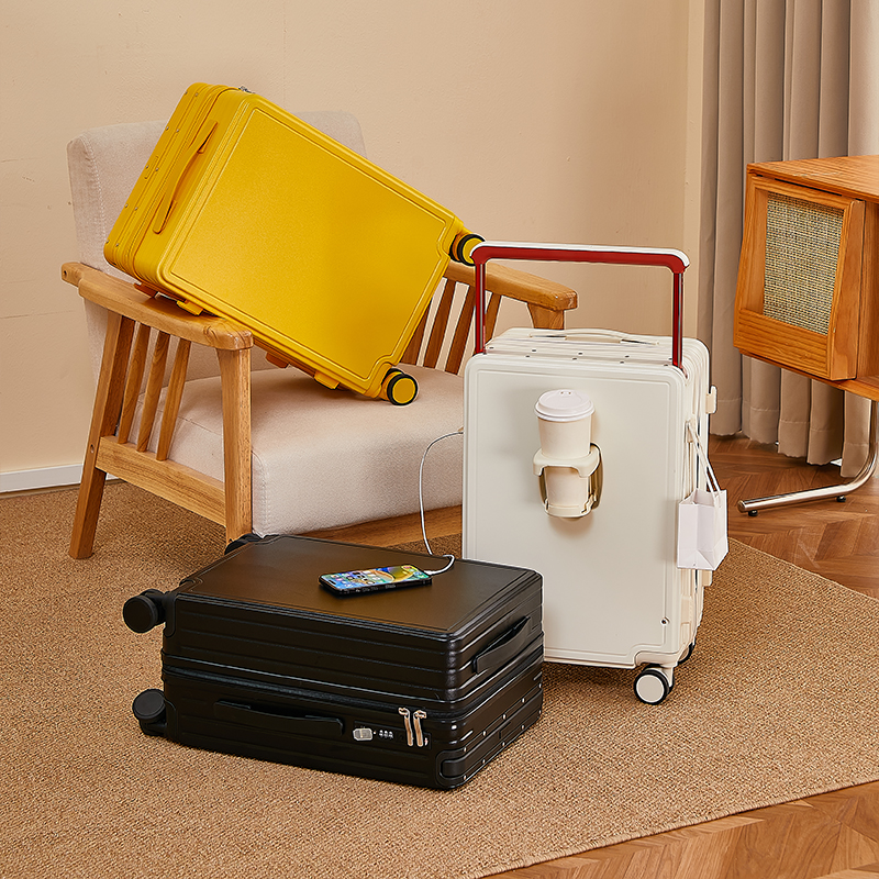 Multifunctional wide trolley set with bag, cup holder, USB interface, and explosion-proof zipper