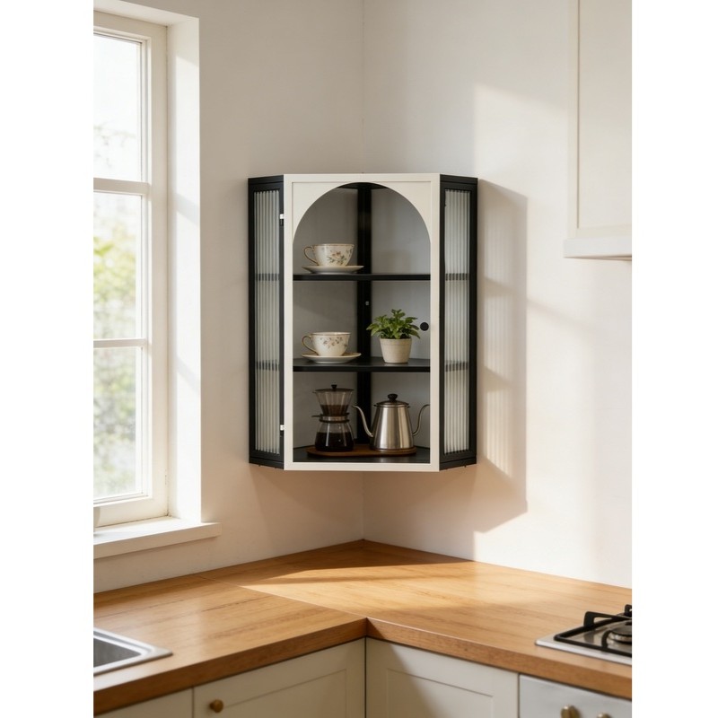 Black & White Contrast Arch Fluted Glass Single Door Wall Mounted Corner Cabinet