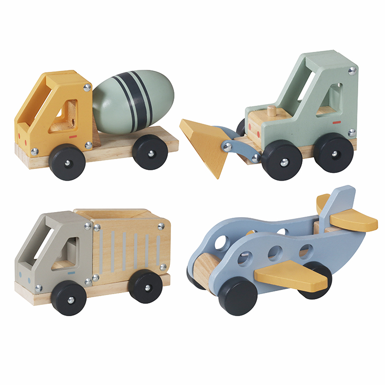 Children's Macaron Color Wooden Construction Vehicle & Airplane Toy Set