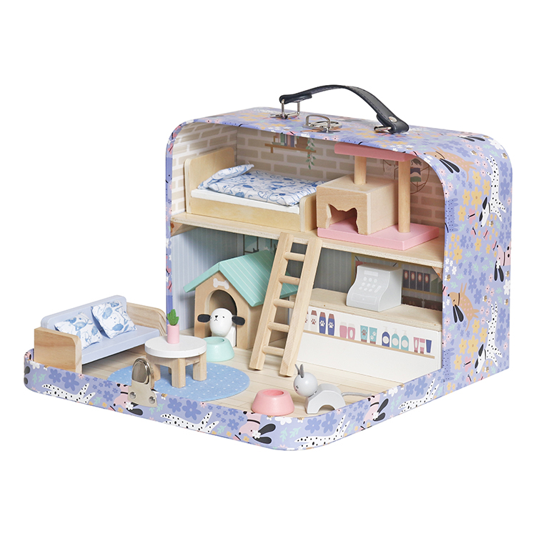 Children's Portable Wooden Pet Theme Dollhouse Toy, Suitcase Style Pretend Play Toy Set