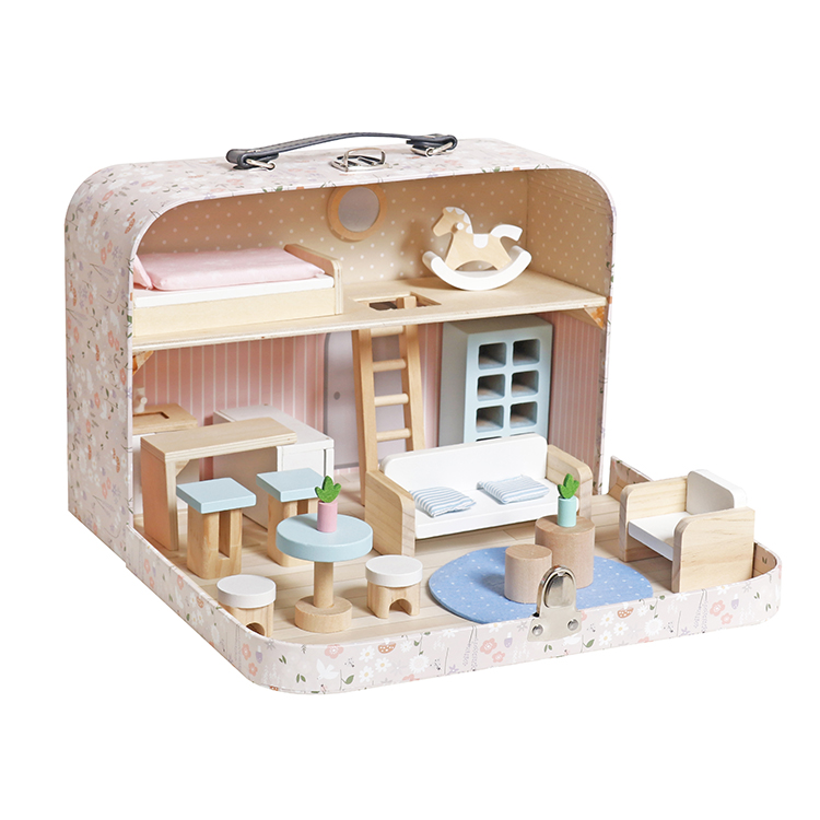 Children's Portable Wooden Suitcase Dollhouse Toy, Simulation Pretend Play Furniture Set