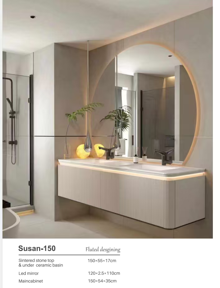 PVC Curved Design With Glass Basin And LED Mirror Cabinet