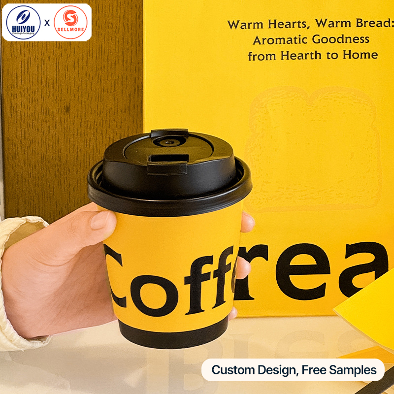 HUIYOU Paper Coffee Cups with Lids Custom Logo Thickened Disposable Takeaway Milk Tea Paper Cups