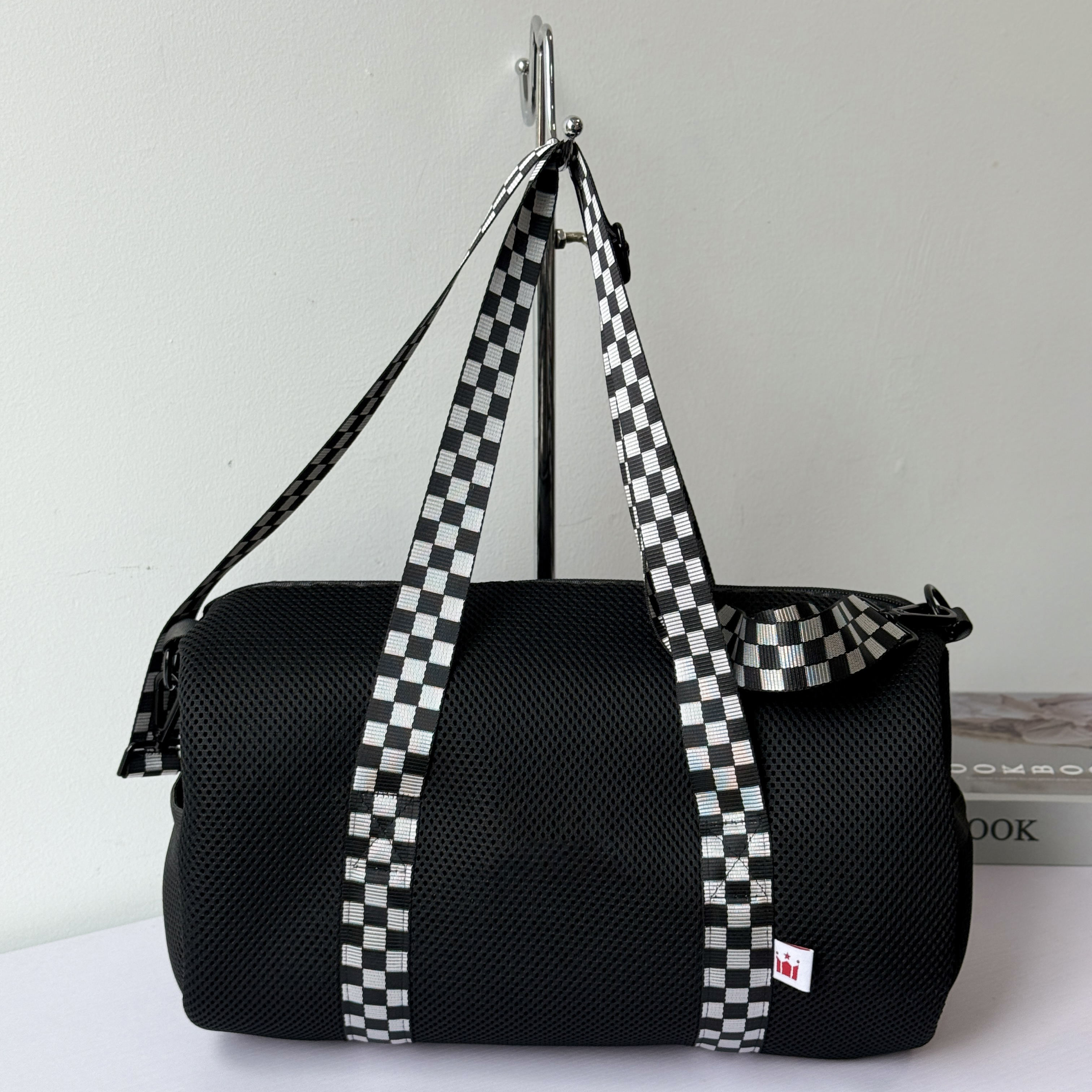 Trendy Black Mesh Gym Duffel Bag with Checkered Straps Lightweight Sports for Fitness, Yoga & Travel