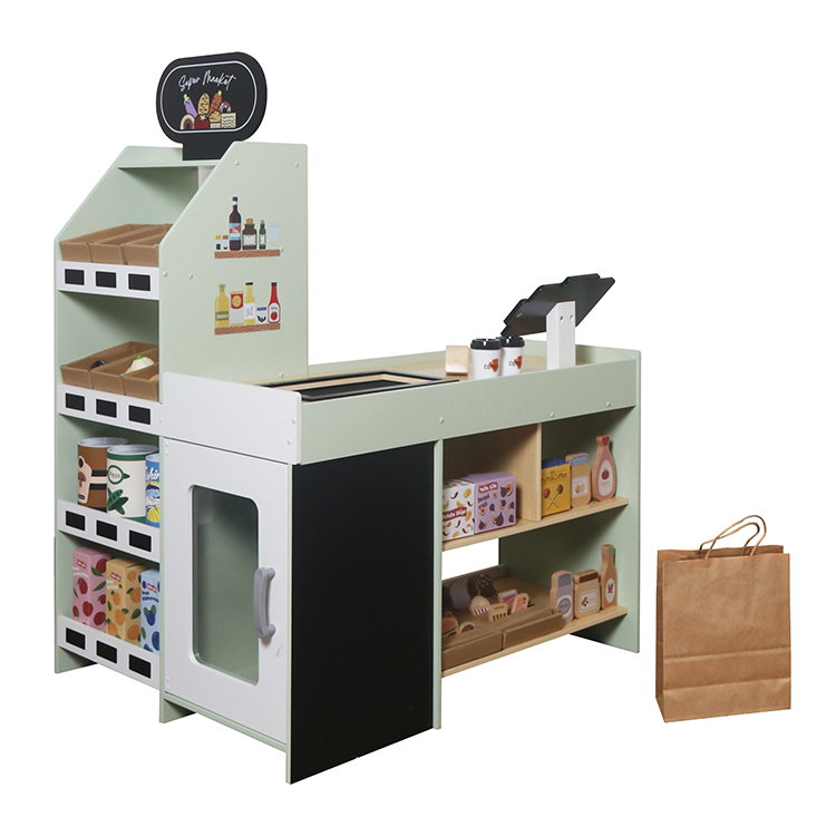 Children's Wooden Simulation Supermarket Cash Register Pretend PlayToy, Baby Store Shopping Game Set
