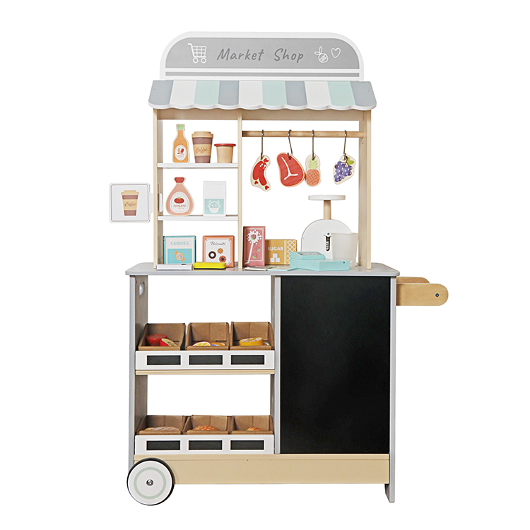 Children's Wooden Simulation Mobile Grocery Cart, Pretend Play Supermarket Stall Toy