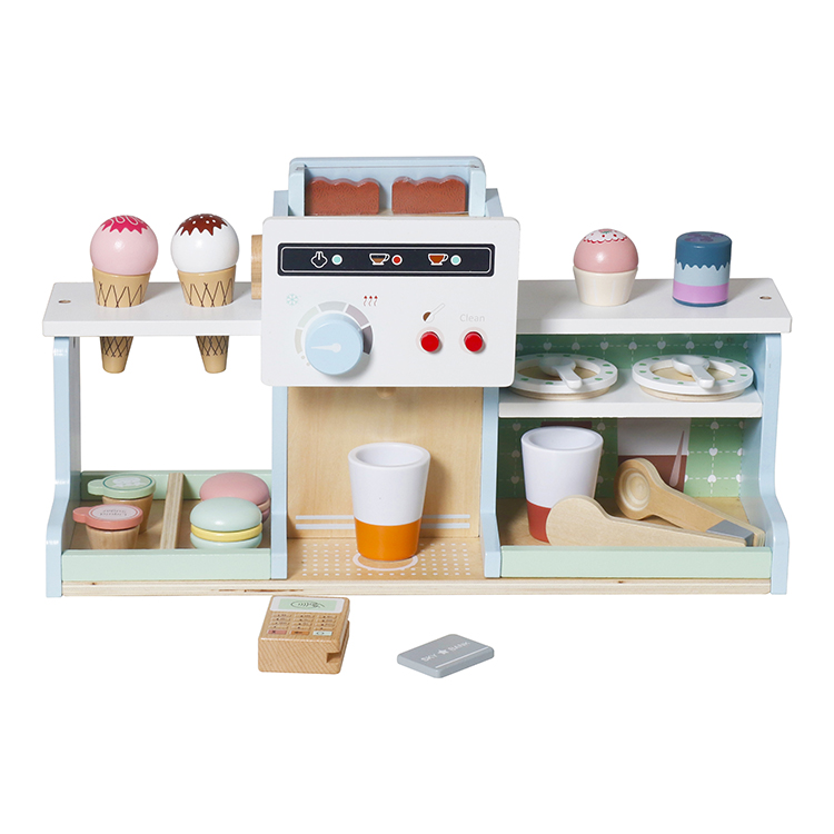 Children's Wooden Simulation Ice Cream & Coffee Machine Pretend Play Toy, Baby Dessert Shop Game Set