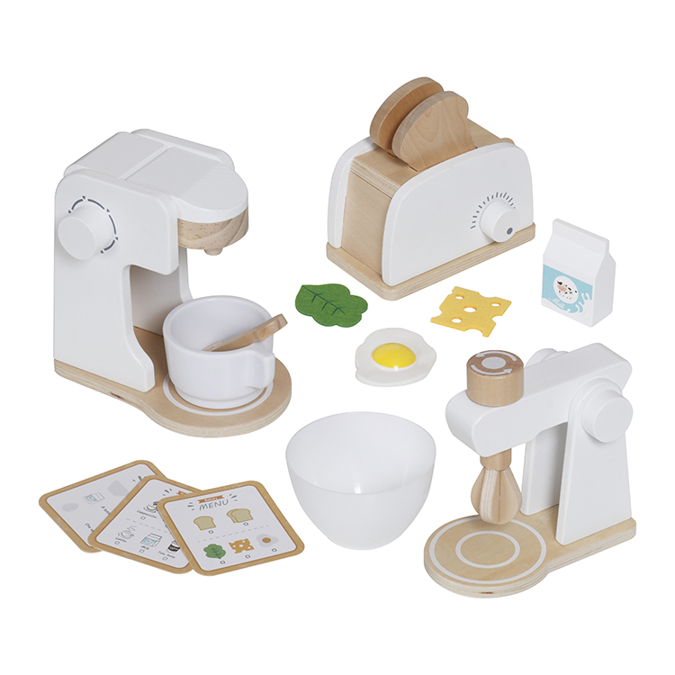 Children's Wooden Simulation Breakfast Kitchen Toy Set, Baby Pretend Play 3 in 1 cook set