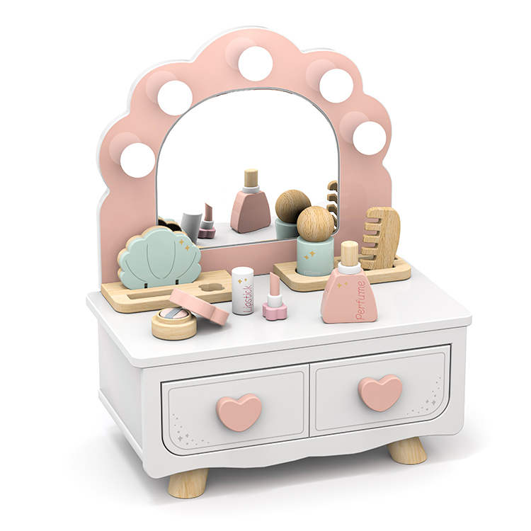 Children's Wooden Simulation Dressing Table Pretend Play Toy, Baby Vanity Makeup Set