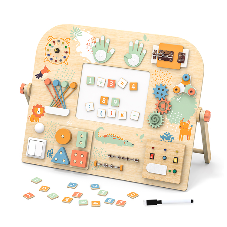 Children's Wooden Multi-functional Busy Board Easel, Baby Montessori Educational Toy