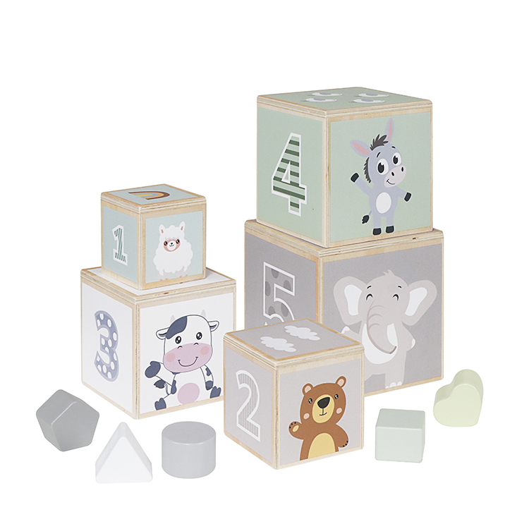 Children's Wooden Number Animal Shape Sorter Nesting Cubes, Baby Educational Stacking Toy