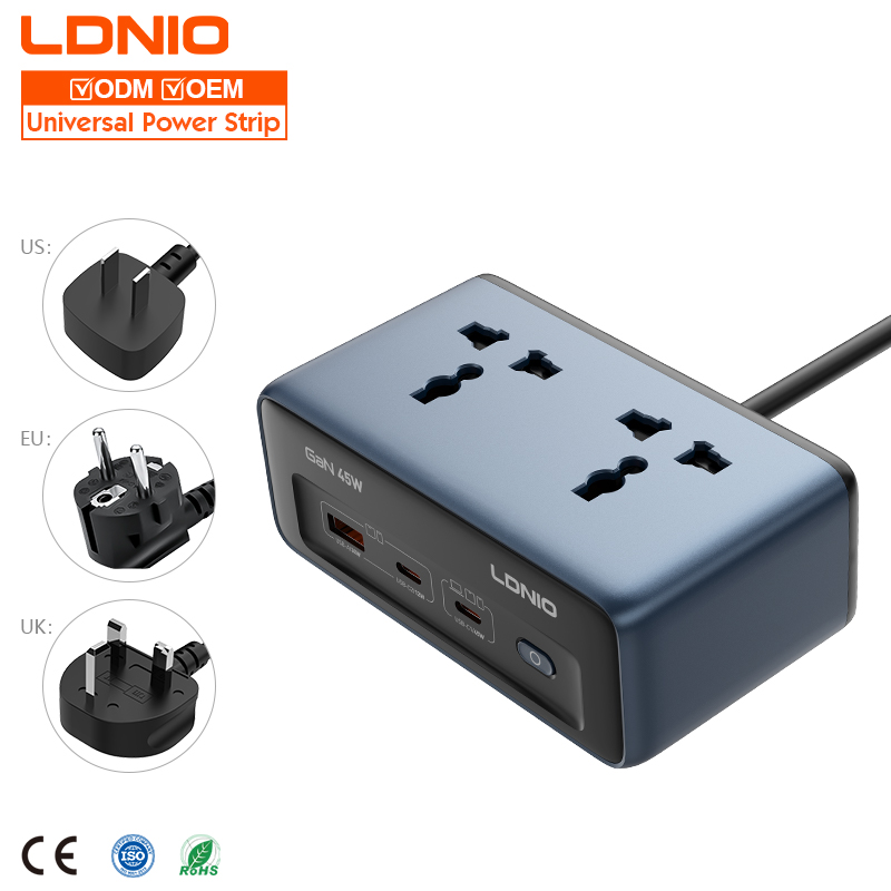 LDNIO SC1 2500W GaN Desktop Power Strip Universal 2 Outlets US/UK/EU Plug Power Socket 5 in 1 Ports