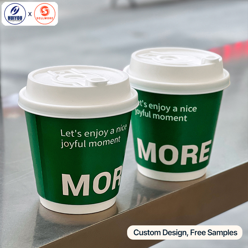 HUIYOU Disposable Paper Cups with Lids Takeaway Double-Coated Paper Cups for Hot & Cold Drinks