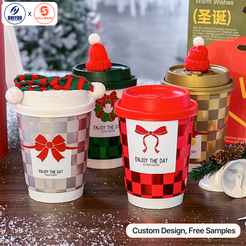 HUIYOU Disposable Paper Cups – Coffee, Hot Drinks, and Milk Tea Cups with Custom Christmas Prints