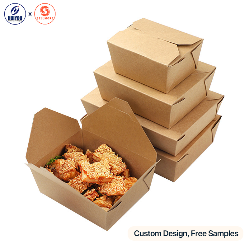 HUIYOU Disposable Food Containers Fruit Salad Containers Takeout Kraft Paper Meal Boxes Custom Logo