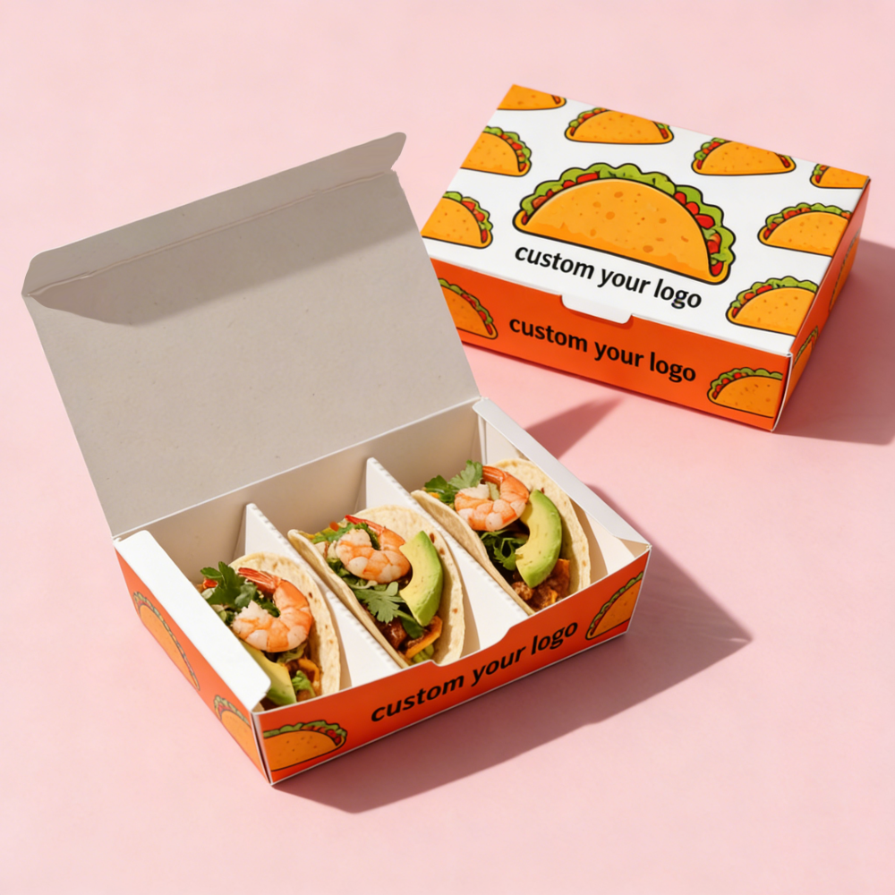 Paper Food Packaging Logo Tacos Boxes Printed Disposable Holders Printed to Go Taco Box