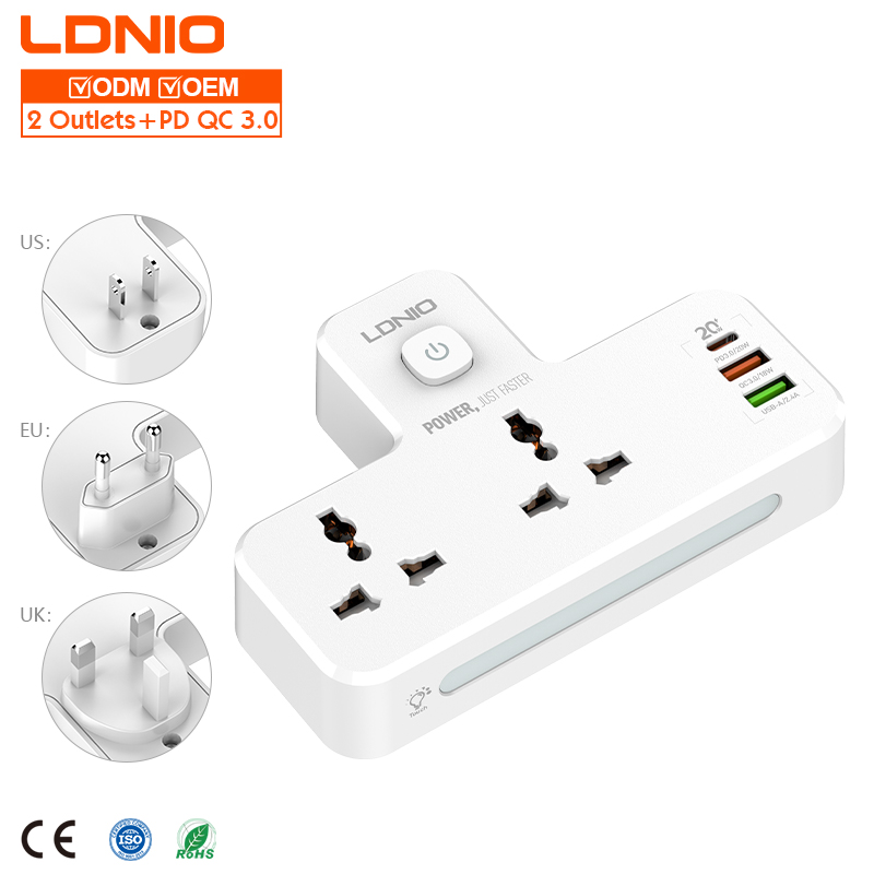LDNIO SC2311 2500W 100-250V Extension Strip With 3 Usb Ports LED Light 2 Outlets Smart Power Strip