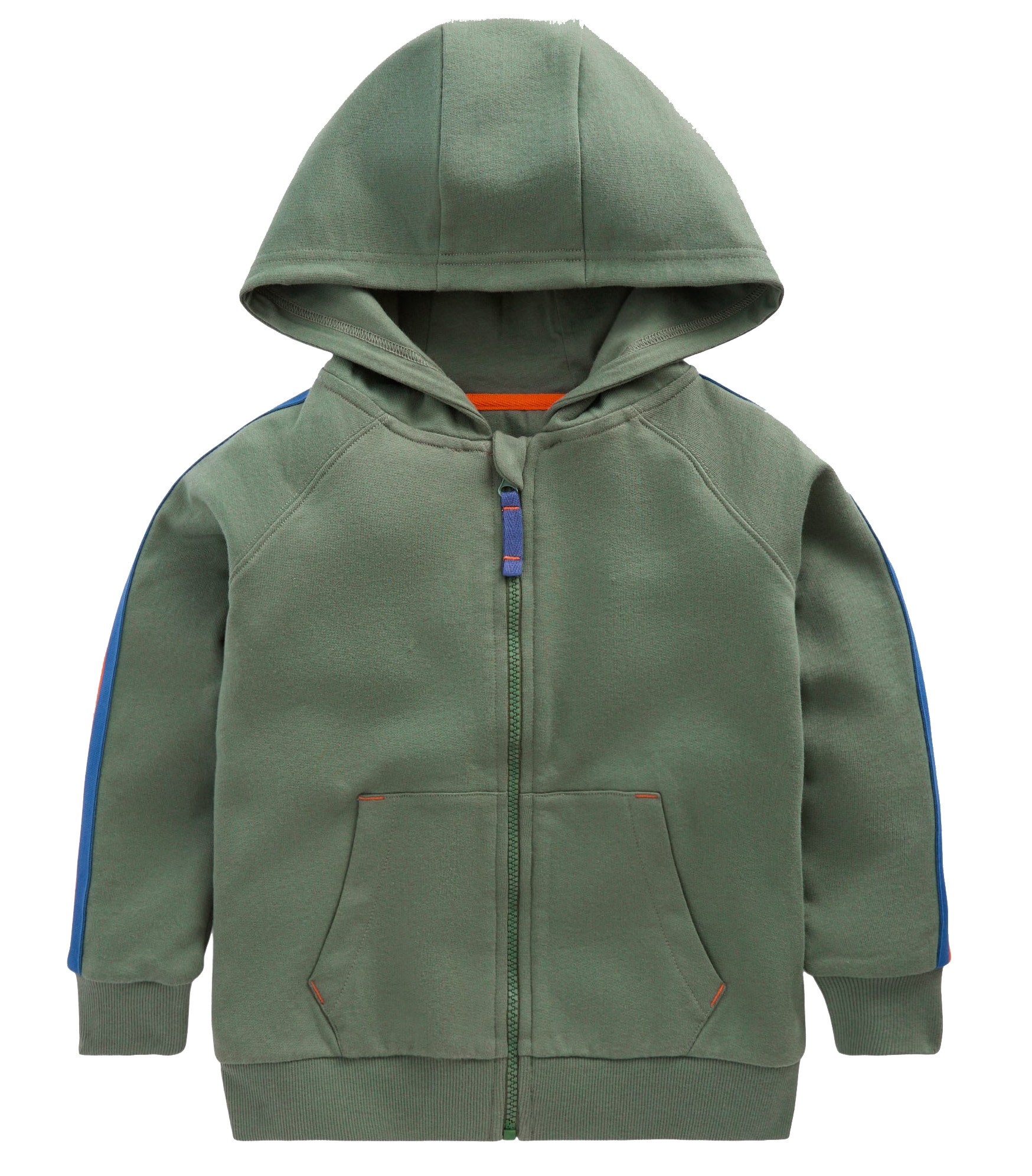Boys' Full-Zip Hoodie Contrast Stripe Kangaroo Pocket Olive Green Casual Versatile Kids Zip-Up