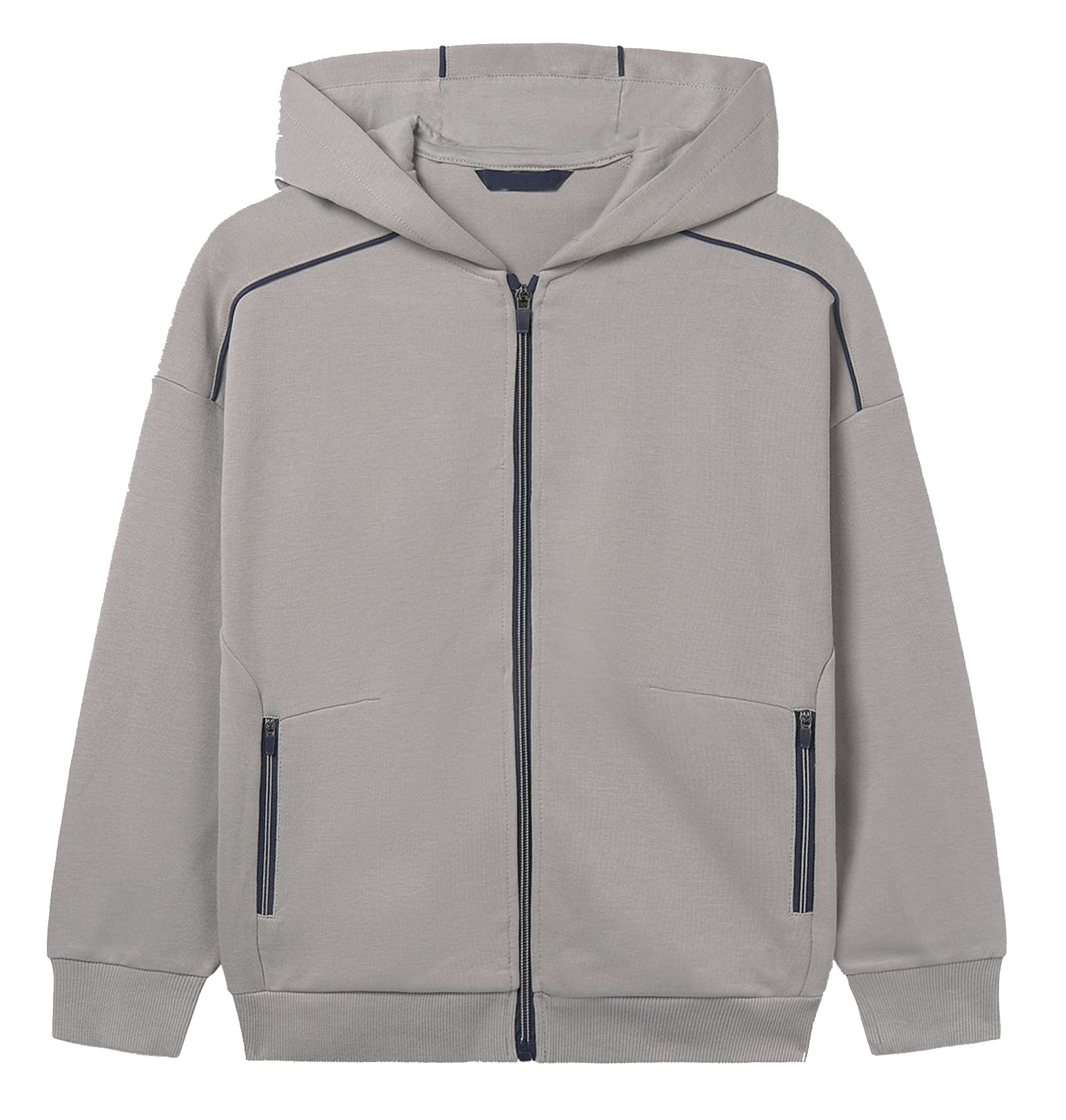 Kids' Full-Zip Hoodie Contrast Piping Side Zip Pockets Relaxed Fit Light Grey