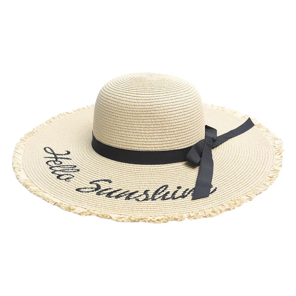 Embroidery Hello Sunshine Beach Hat Floppy Large Brim Foldable Paper Straw Hat for Women